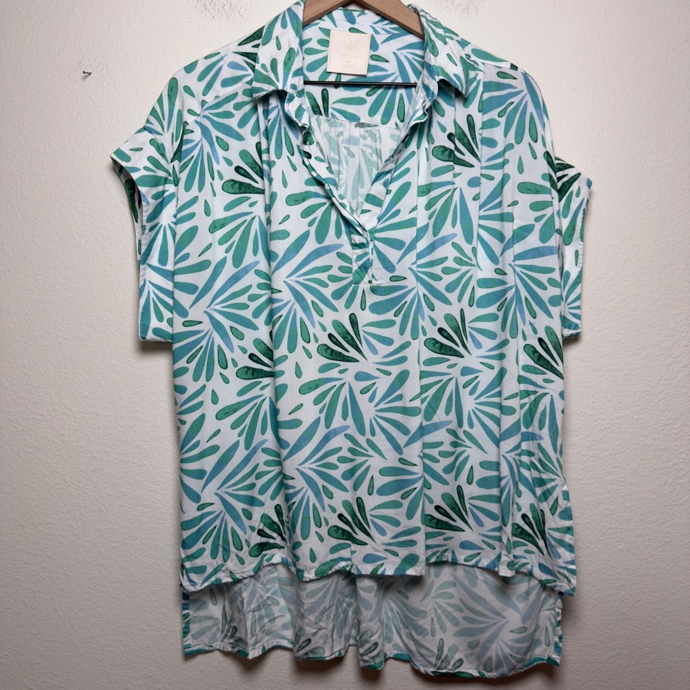 Winton and Waits Womens Cotton Top One Size Teal Green‎ Floral High Low Blouse